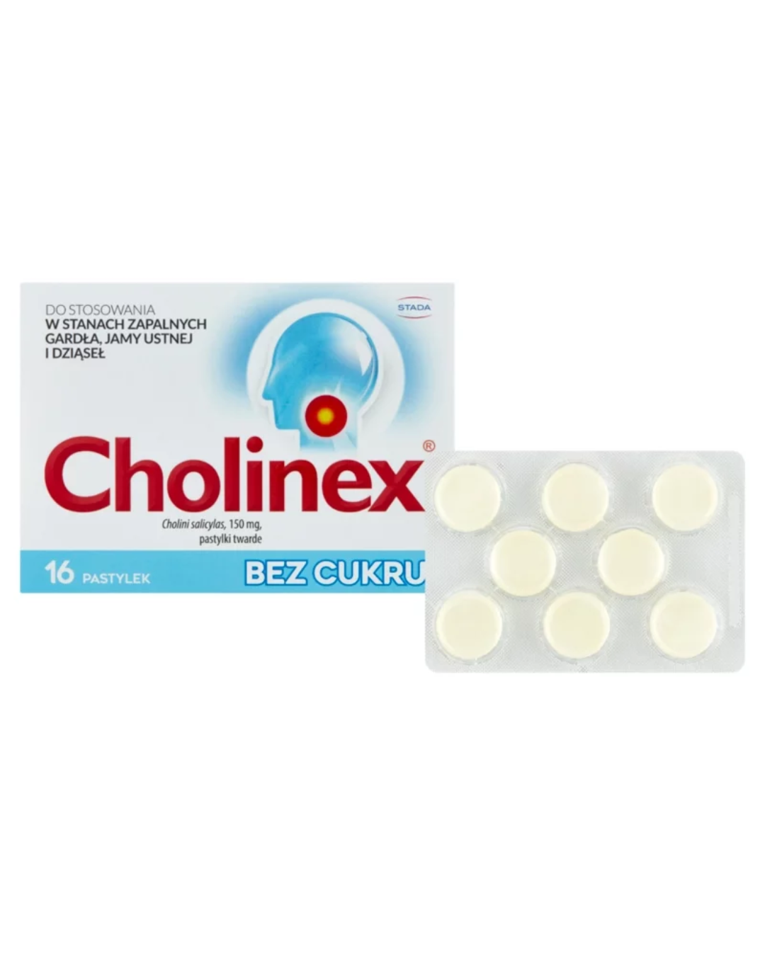 Cholinex Sugar-Free 150 mg medicated throat lozenges, 16 count, containing choline salicylate for inflammatory throat, mouth and gum conditions, STADA blue and white packaging with blister pack.