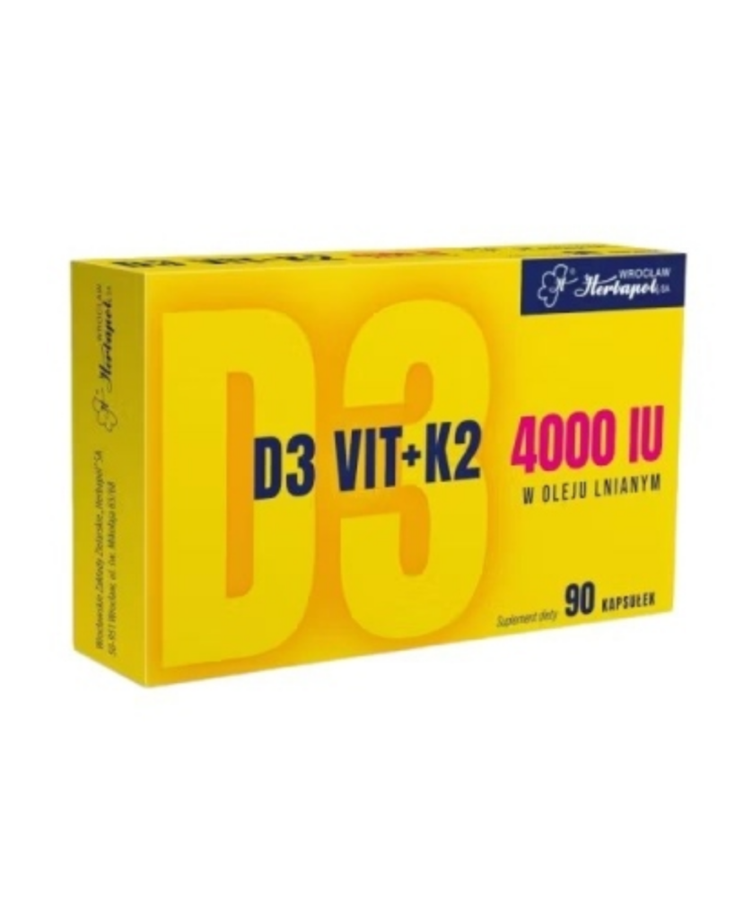 Herbapol Wrocław Vitamin D3 + K2 4000 IU dietary supplement with flaxseed oil, 90 capsules for bone, muscle and immune system support, yellow product packaging.