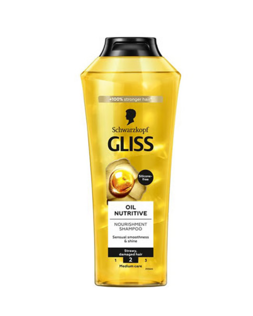 Schwarzkopf Gliss Oil Nutritive Nourishment Shampoo 250 ml, silicone-free nourishing shampoo for straw-like damaged hair, golden yellow bottle with black cap for smoothness and shine.