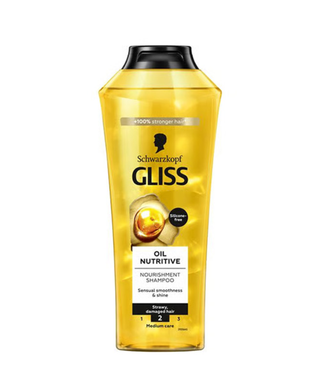 Schwarzkopf Gliss Oil Nutritive Nourishment Shampoo 250 ml, silicone-free nourishing shampoo for straw-like damaged hair, golden yellow bottle with black cap for smoothness and shine.