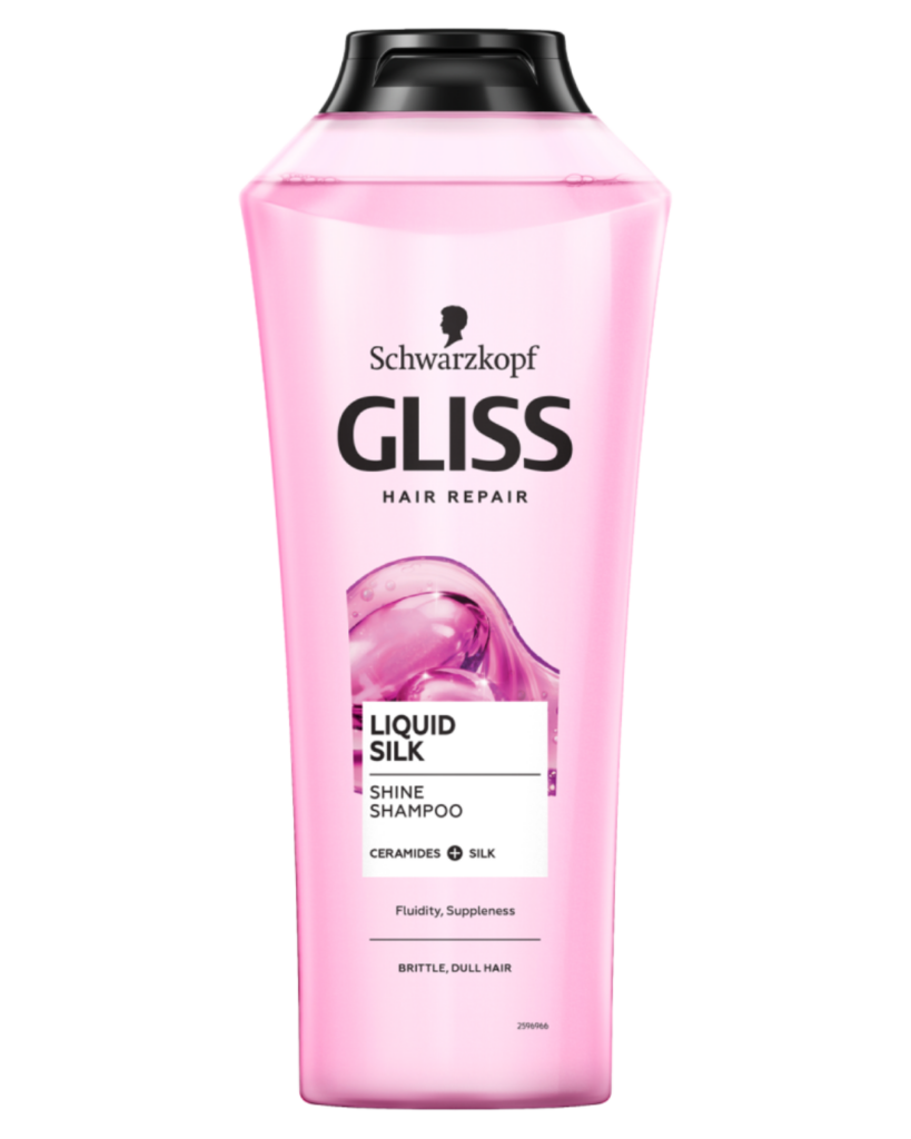 Schwarzkopf Gliss Liquid Silk Shine Shampoo with ceramides and silk for brittle, dull hair, pink bottle with black cap, smoothing and shine-enhancing hair repair shampoo.