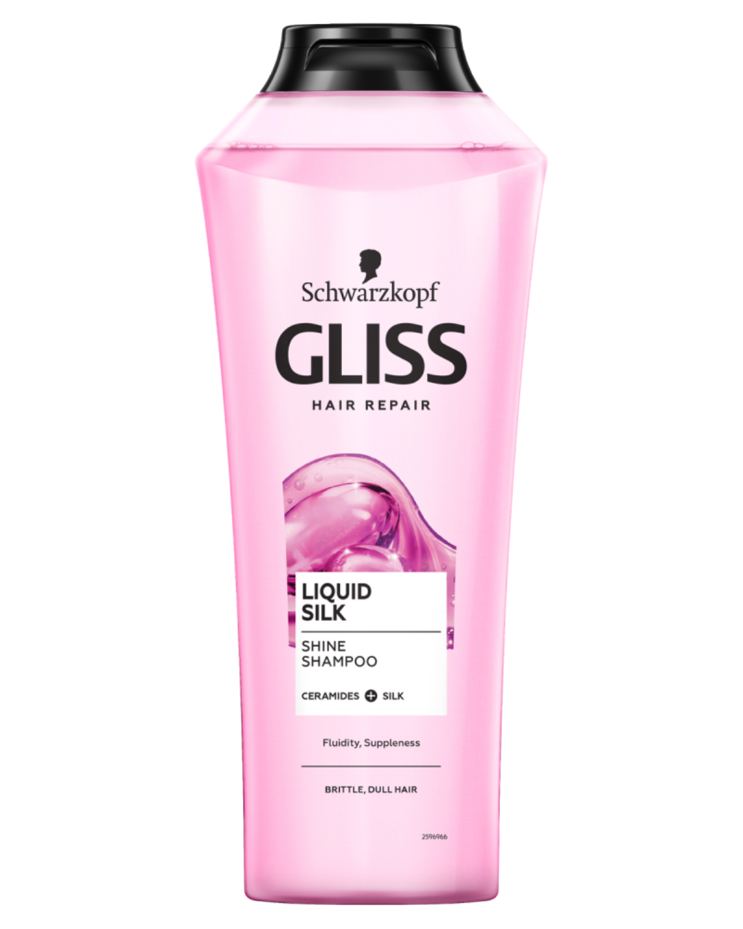 Schwarzkopf Gliss Liquid Silk Shine Shampoo with ceramides and silk for brittle, dull hair, pink bottle with black cap, smoothing and shine-enhancing hair repair shampoo.