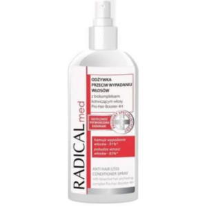 Radical Med Anti Hair Loss Conditioner Spray with trichology complex and horsetail extract for weak, fragile and thinning hair, white spray bottle with red and black label.