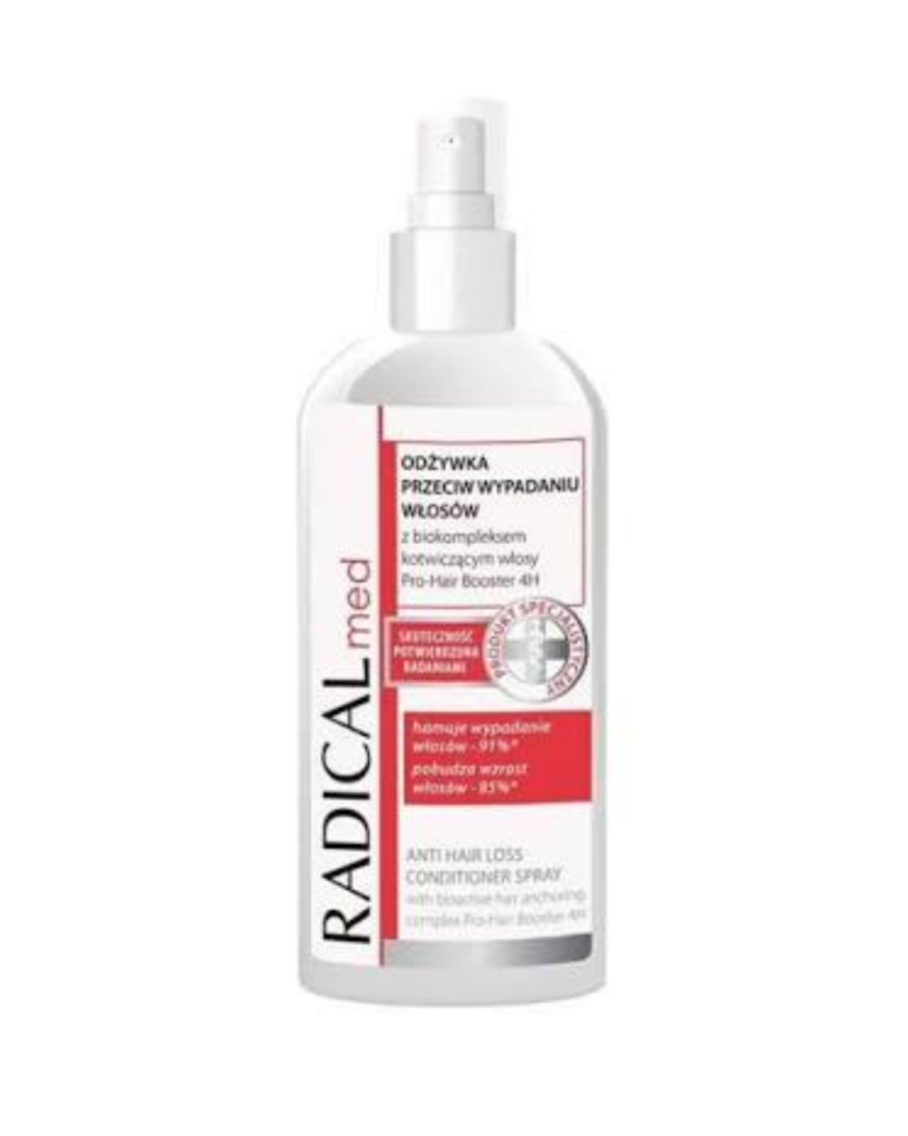 Radical Med Anti Hair Loss Conditioner Spray with trichology complex and horsetail extract for weak, fragile and thinning hair, white spray bottle with red and black label.