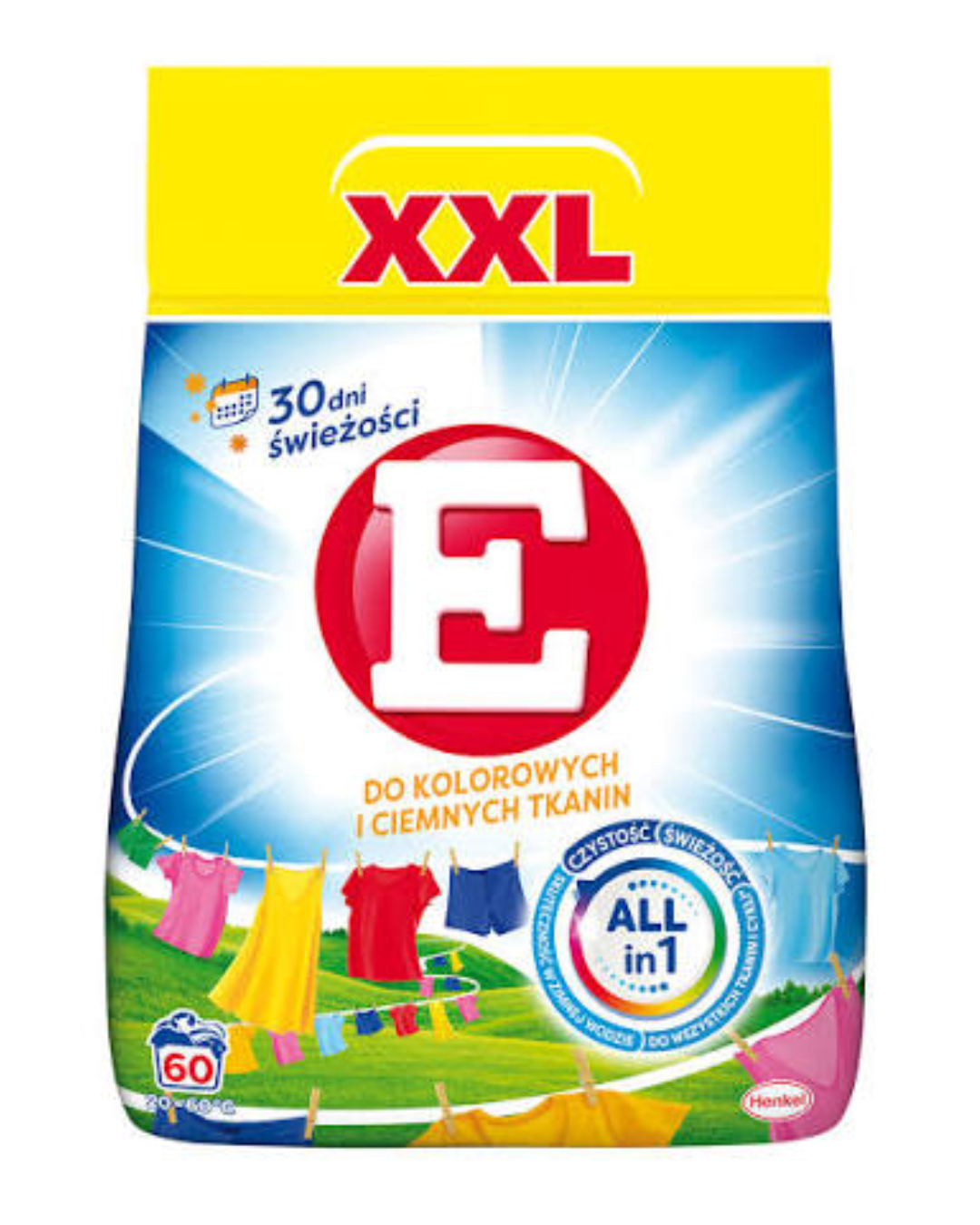 E XXL All in 1 laundry detergent powder for colored and dark fabrics, 60 washes, 30-day freshness, blue and yellow Henkel packaging with colorful clothes on a washing line.