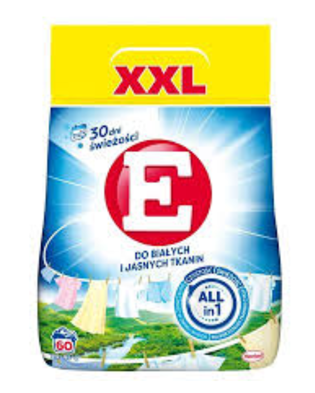 E XXL All in 1 laundry detergent powder for white and light-colored fabrics, 60 washes, 30-day freshness, blue and yellow Henkel packaging with light-colored clothes on a washing line.