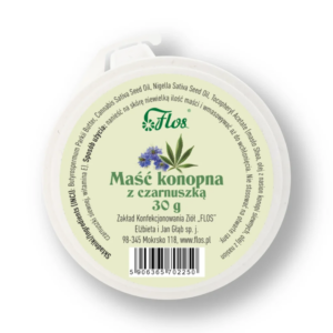 Flos Hemp Ointment with Black Seed Oil 30g, nourishing skin care balm with hemp seed oil, Nigella sativa oil, shea butter and vitamin E, white round jar with pale green label.