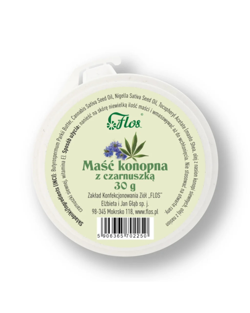 Flos Hemp Ointment with Black Seed Oil 30g, nourishing skin care balm with hemp seed oil, Nigella sativa oil, shea butter and vitamin E, white round jar with pale green label.