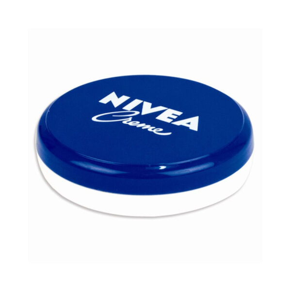 A round blue tin of Nivea Creme, featuring the iconic white logo on the lid.