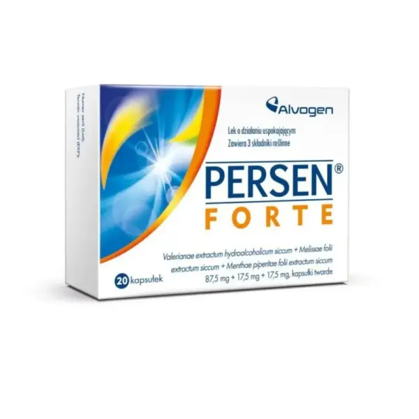 A box of Persen Forte, a plant-based supplement for stress relief, containing 20 capsules by Alvogen.