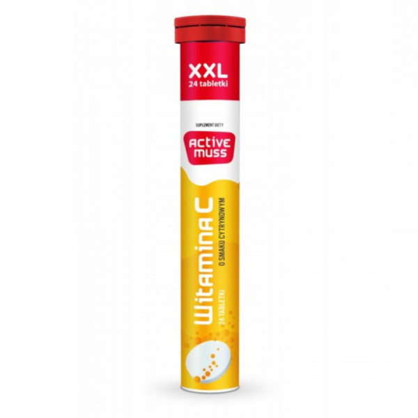 Tube of Active Muss Vitamin C Effervescent Tablets with lemon flavor, featuring XXL packaging and vibrant yellow design.