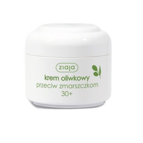 A jar of Ziaja Olive Anti-Wrinkle Cream 30+, featuring a white container with green branding and olive leaf design.