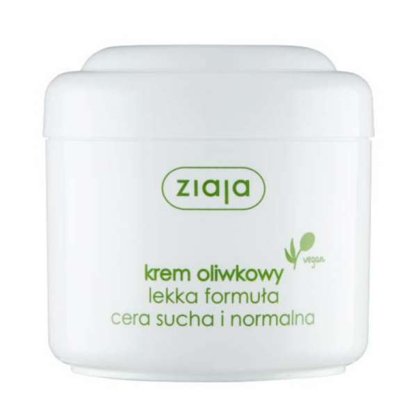 A jar of Ziaja Olive Cream with Light Formula, featuring a white container and green text emphasizing its vegan-friendly, hydrating properties.