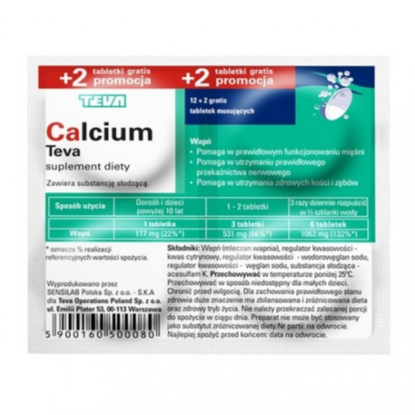 Teva Calcium Effervescent Tablets packaging, highlighting key benefits for bone health, muscle function, and added free tablets.