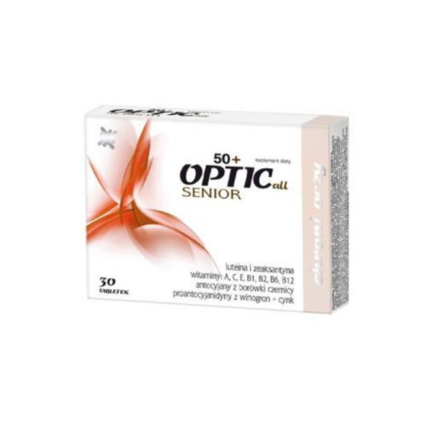 Optic All Senior 50+ dietary supplement box with 30 tablets, designed to promote eye health and wellness for seniors.