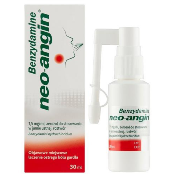 Neo-Angin Benzydamine oral spray 30 mL with packaging, featuring targeted relief for sore throats and oral inflammation.