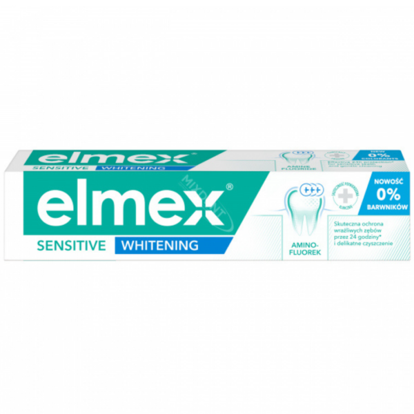 Elmex Sensitive Whitening Toothpaste packaging with green and white design, featuring amine fluoride for enamel strengthening and whitening benefits.