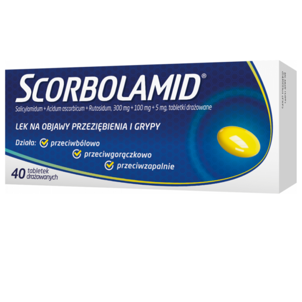 Scorbolamid Tablets packaging with blue and yellow design, highlighting its use for cold and flu symptom relief, fever reduction, and pain alleviation.