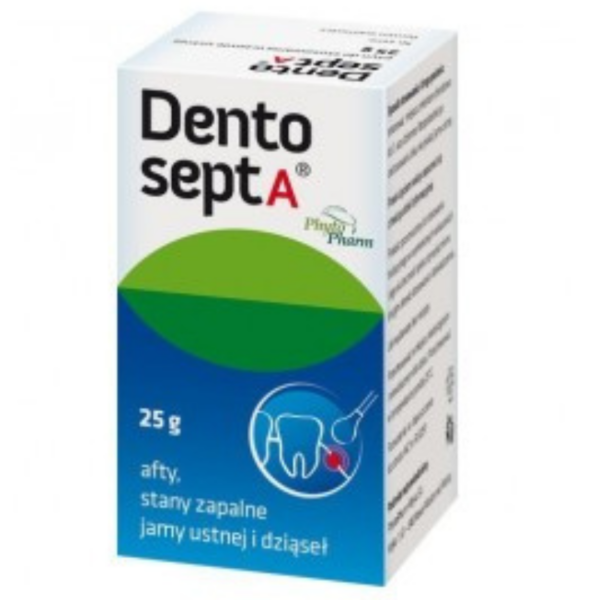 Dentosept A 25g packaging featuring green and blue design, for relieving mouth sores, gum inflammation, and oral irritation.