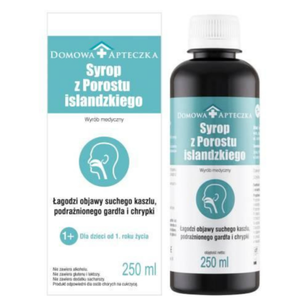 Domowa Apteczka Icelandic Moss Syrup 250 mL bottle and packaging, designed to relieve dry cough, hoarseness, and throat irritation.