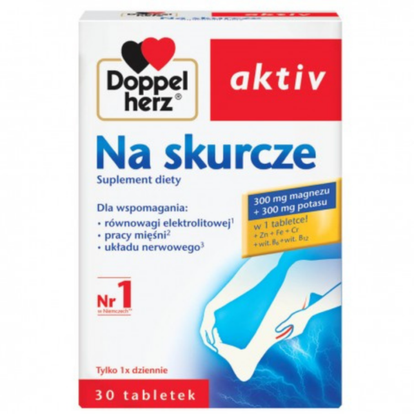 Doppelherz Aktiv Na Skurcze 30-tablet box, highlighting its benefits for muscle function, electrolyte balance, and cramp relief.