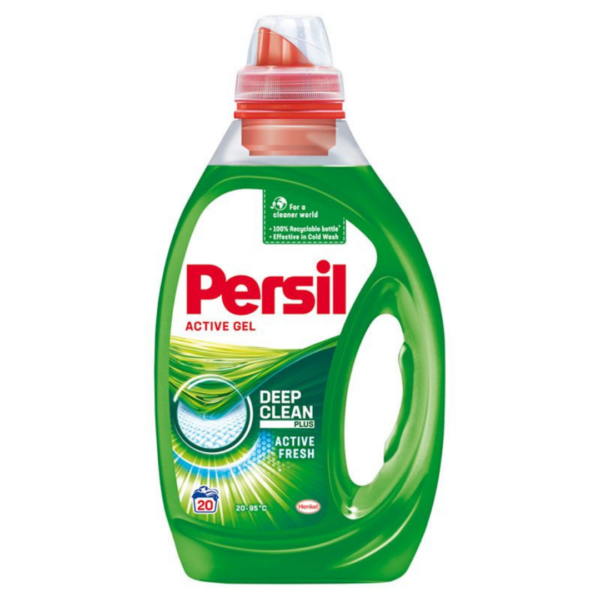 Persil Active Gel Deep Clean Plus detergent bottle, green design with 20-load capacity, offering stain removal and freshness.