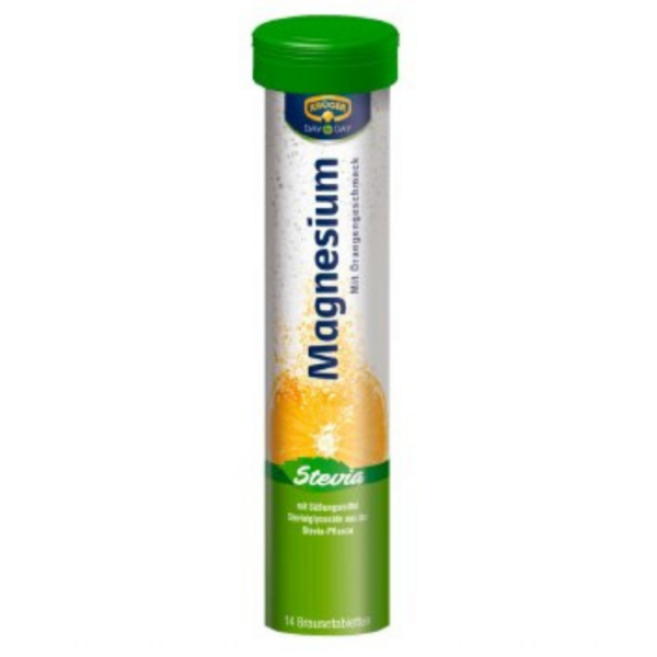 Krüger Magnesium Effervescent Tablets tube with stevia and orange flavor, offering muscle support and energy boost.