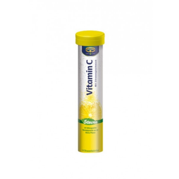 Krüger Vitamin C Effervescent Tablets tube with stevia and lemon flavor, providing immune support in a sugar-free formula.