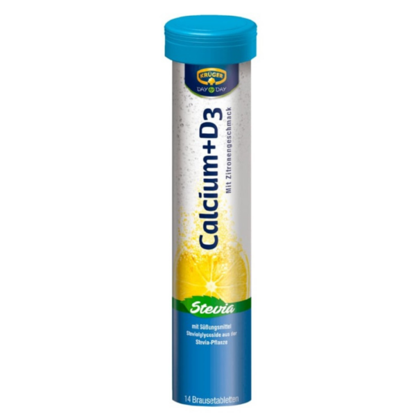 Krüger Calcium + D3 Effervescent Tablets tube with stevia and lemon flavor, designed to support strong bones and teeth.