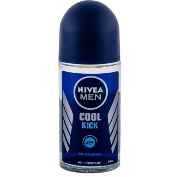 Nivea Men Cool Kick Roll-On Anti-Perspirant in a 50 mL blue bottle, offering 48-hour freshness and odor protection.