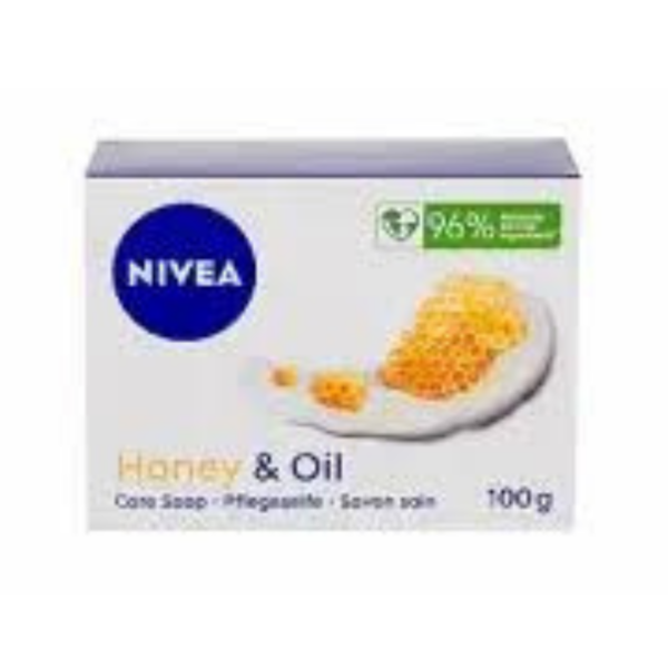 Nivea Honey & Oil Care Soap 100g with natural oils and 96% naturally derived ingredients for gentle cleansing and hydration.