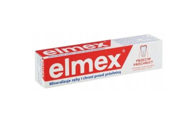 Elmex Anti-Cavity Toothpaste packaging with red and white branding, highlighting its cavity protection and enamel-strengthening properties.