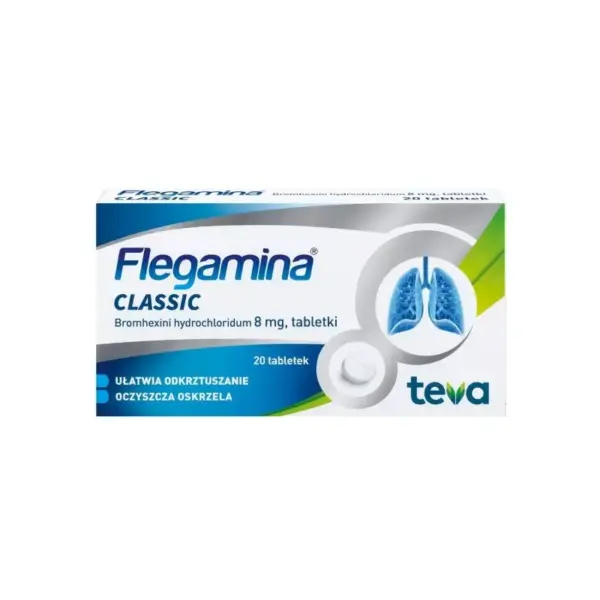 Flegamina Classic 20-tablet box with an illustration of lungs, highlighting its mucus-clearing and airway-cleansing properties.