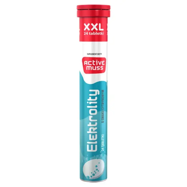 A tube of Active Muss Electrolytes Effervescent Tablets in lemon flavor, featuring XXL packaging with 24 tablets for hydration and energy.