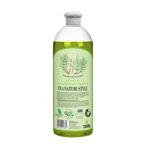 A 1-liter bottle of Eva Nature Style Horsetail Shampoo with a green label featuring natural imagery, highlighting its vegan and 94% natural formula.