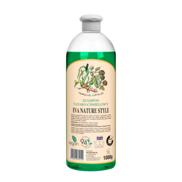 A 1-liter bottle of Eva Nature Style Calamus and Hops Shampoo with a beige label featuring botanical imagery, emphasizing its vegan and 94% natural formulation.