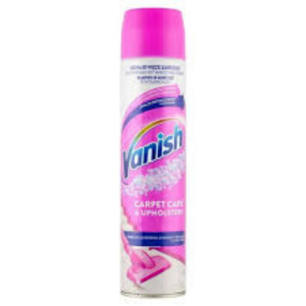 A can of Vanish Carpet Care & Upholstery Foam Spray with a pink cap and label, designed for deep cleaning and stain removal on carpets and furniture.