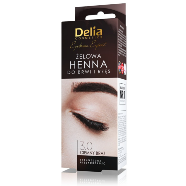 Delia Cosmetics Eyebrow Expert Gel Henna in Dark Brown packaging, featuring an image of defined eyebrows and lashes for a natural, salon-like finish.