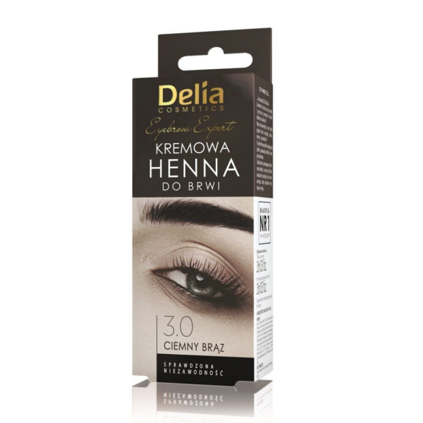 Delia Cosmetics Eyebrow Expert Cream Henna in Dark Brown packaging, featuring a sleek design and an image of defined, natural-looking eyebrows.