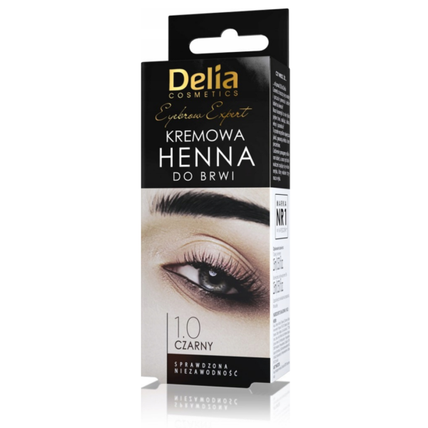 Delia Cosmetics Eyebrow Expert Cream Henna in Black packaging, showcasing a bold and defined eyebrow look for professional-style results.