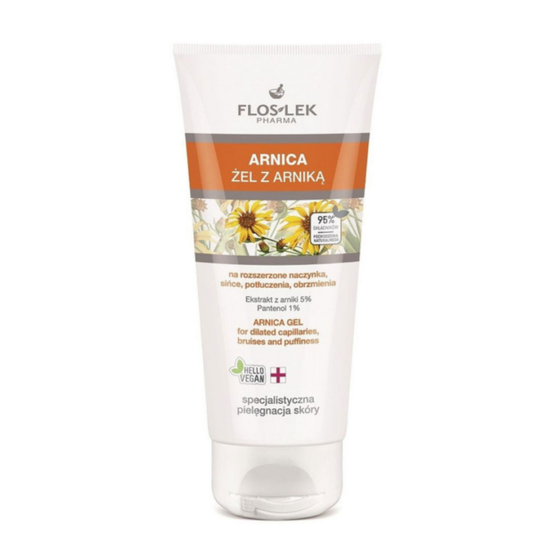 Floslek Pharma Arnica Gel tube with orange accents, featuring arnica flowers, designed for soothing bruises, puffiness, and irritated skin.