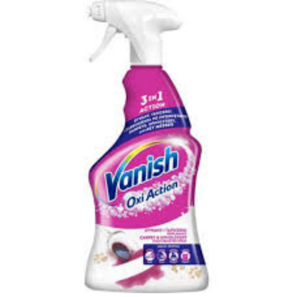 Vanish Oxi Action Stain Remover Spray, pink bottle with trigger nozzle, for carpets, upholstery, and fabrics.