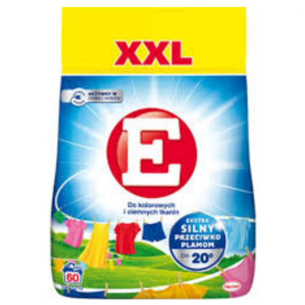 E XXL Laundry Detergent for Colored and Dark Fabrics, 60-wash pack, designed for tough stain removal and color protection.