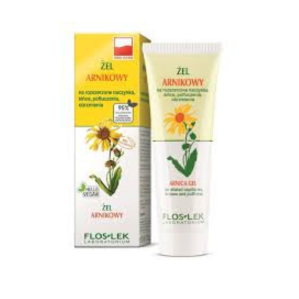 Floslek Arnica Gel, natural vegan formula in a tube with packaging, designed for bruises, redness, and capillary care.