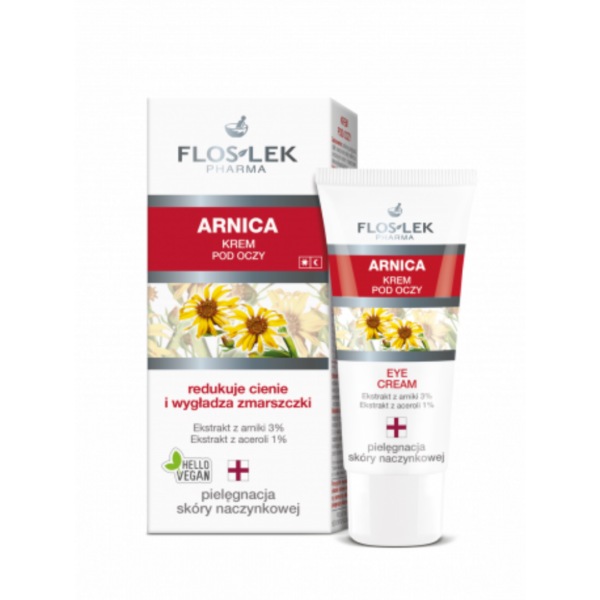 Floslek Arnica Gel, natural vegan formula in a tube with packaging, designed for bruises, redness, and capillary care.