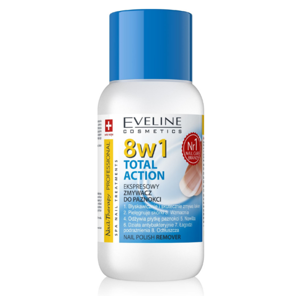 Eveline 8-in-1 Total Action Nail Polish Remover, fast-acting formula for nail care and cuticle nourishment.