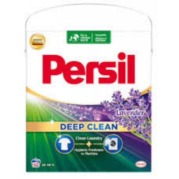 Box of Persil Deep Clean Laundry Powder with Lavender fragrance, featuring a 42-wash label and deep-cleaning technology for fresh and hygienic laundry.