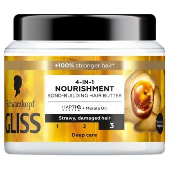 A jar of Schwarzkopf Gliss 4-in-1 Nourishment Bond-Building Hair Butter with HAPTIQ System and Marula Oil, designed for deep care of damaged hair.