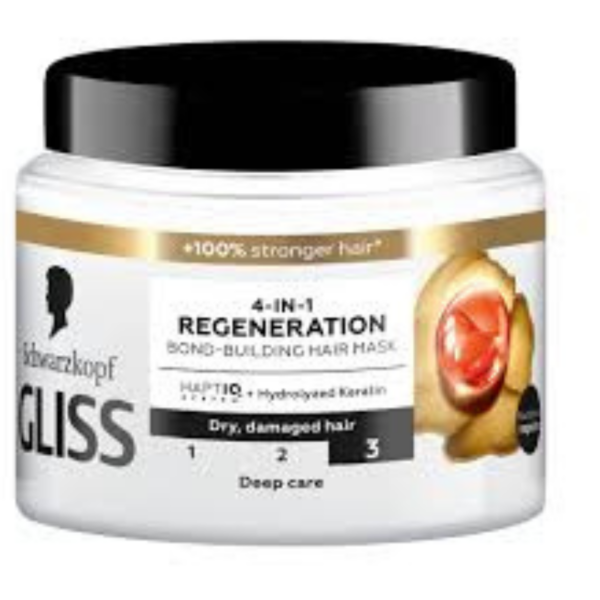 A jar of Schwarzkopf Gliss 4-in-1 Regeneration Bond-Building Hair Mask with HAPTIQ System and Hydrolyzed Keratin, designed for deep care and repair of dry, damaged hair.