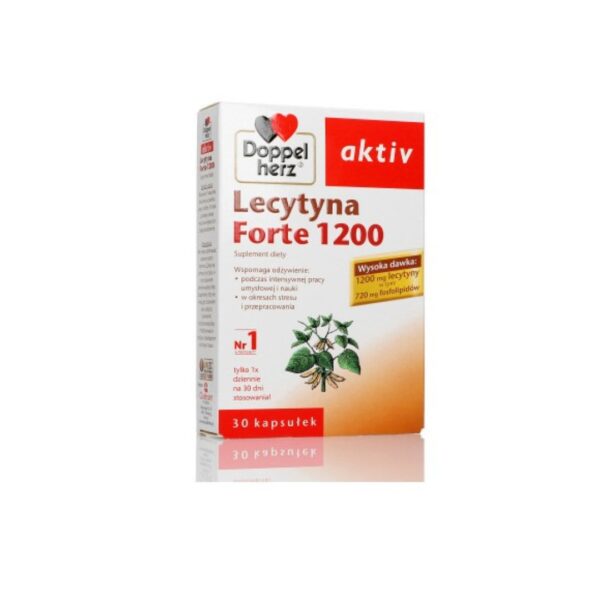 Doppelherz Aktiv Lecytyna Forte 1200 dietary supplement box with 30 capsules, featuring high-dose lecithin for brain function and memory support.